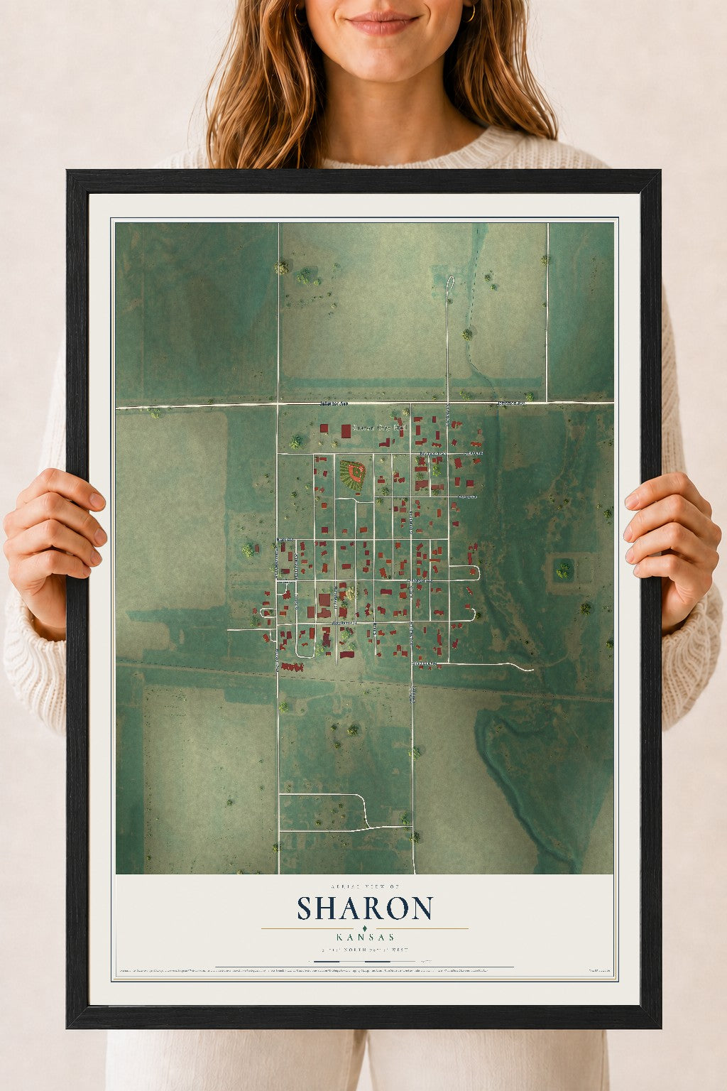Map of Sharon, Kansas, 18 x 24 inch print in a black wood frame