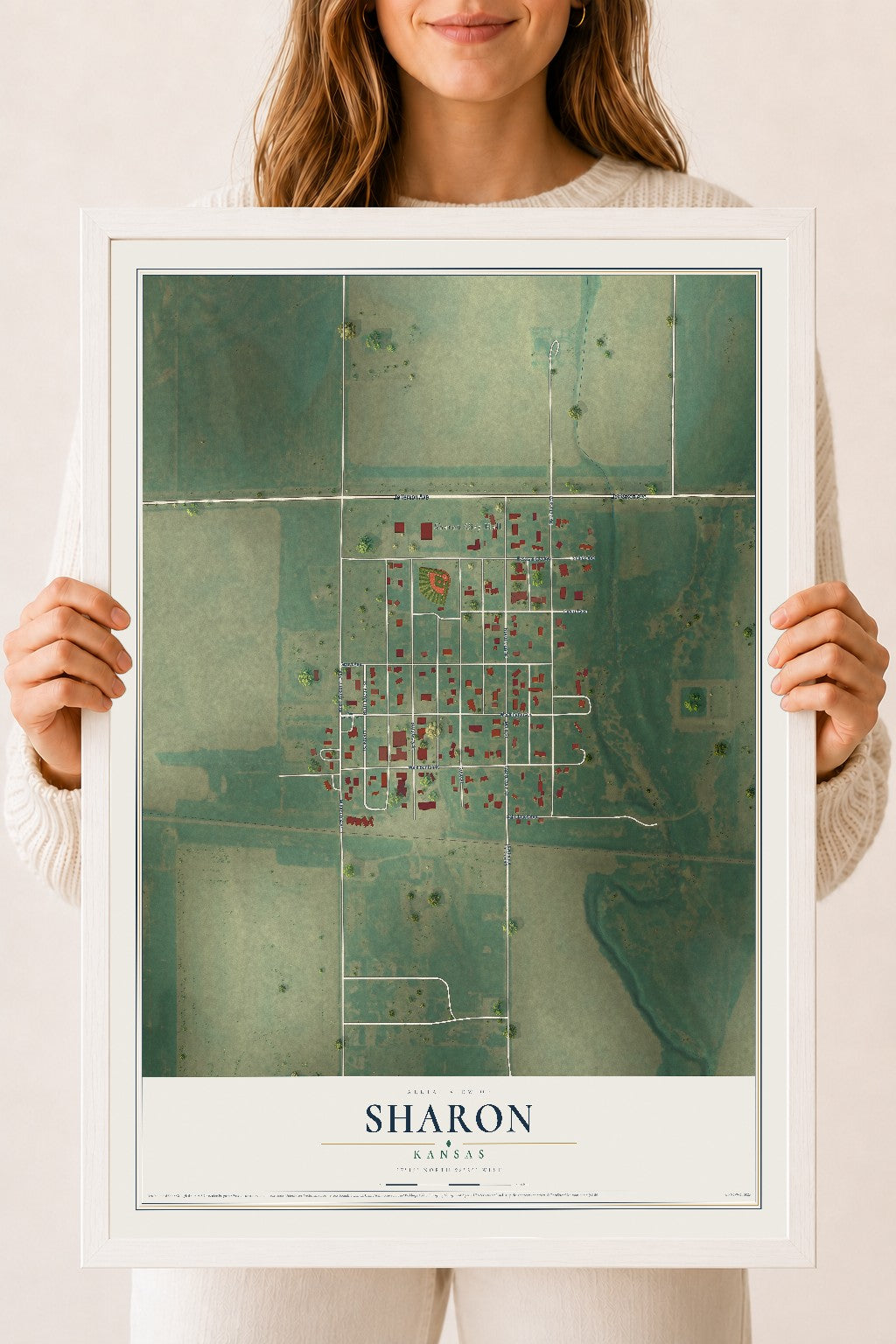 Map of Sharon, Kansas, 18 x 24 inch print in a white wood frame