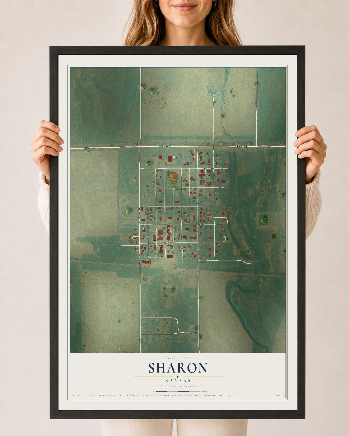 Map of Sharon, Kansas, 24 x 36 inch print in a black wood frame
