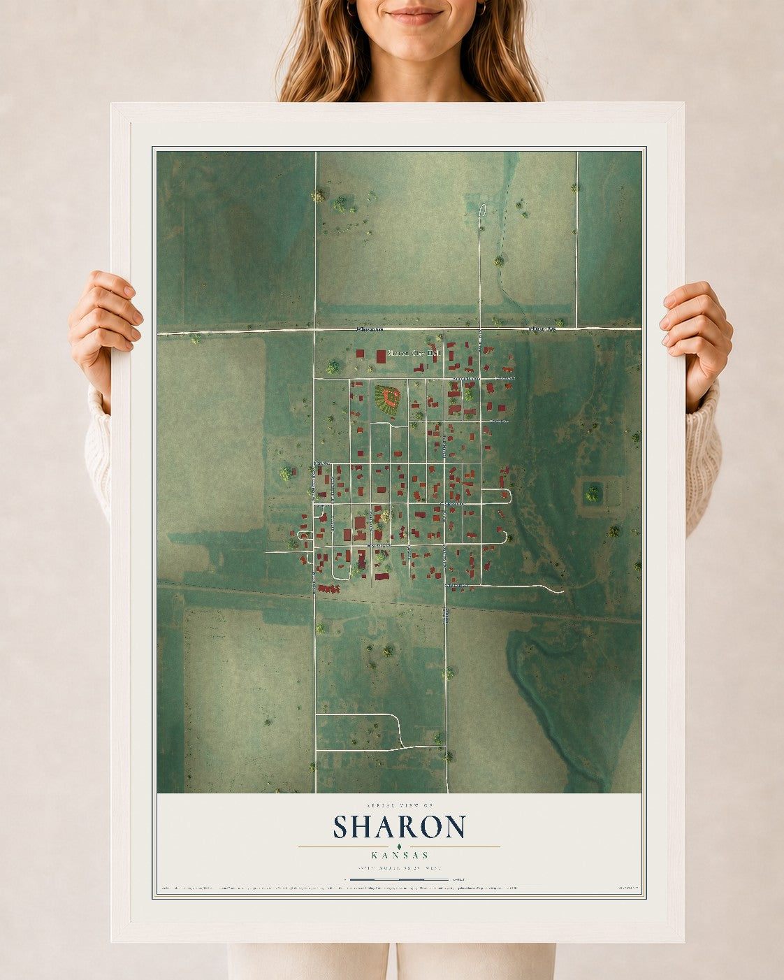 Map of Sharon, Kansas, 24 x 36 inch print in a white wood frame