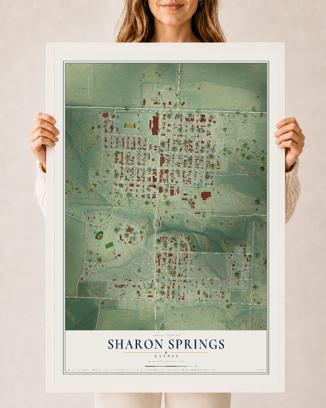 Map of Sharon Springs, Kansas, 24 x 36 inch print in a white wood frame