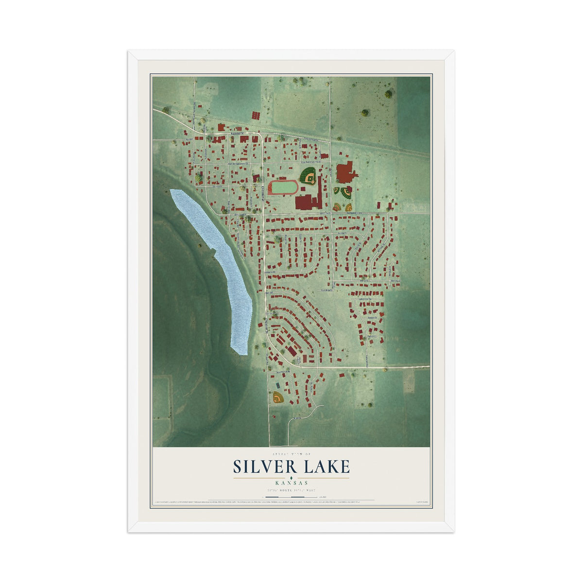 Map of Silver Lake, Kansas, 12 x 18 inch print in a white wood frame