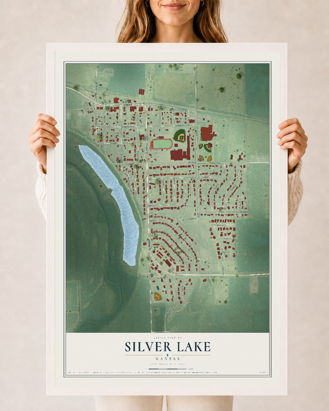 Map of Silver Lake, Kansas, 24 x 36 inch print in a white wood frame