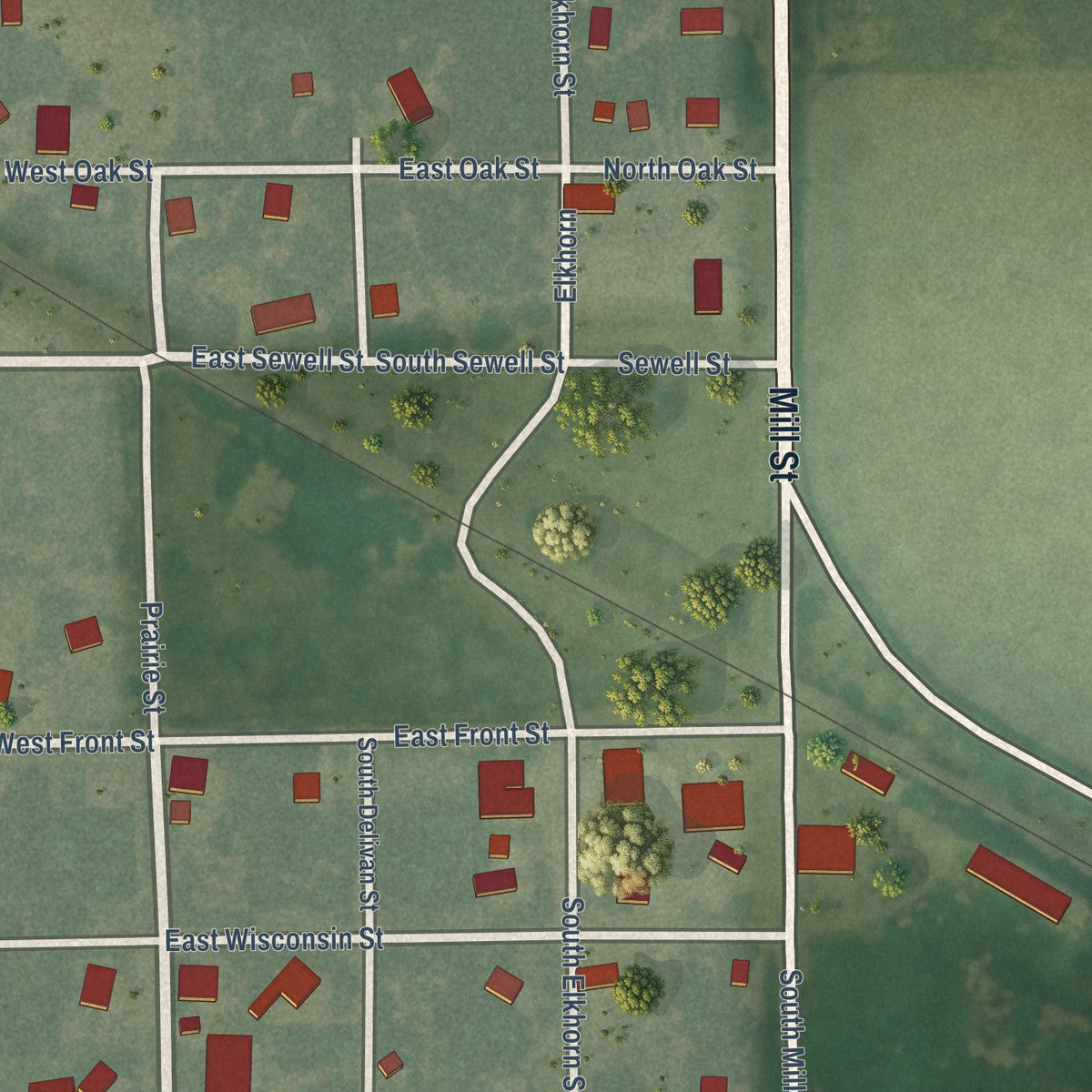 Close-up of the map of Simpson, Kansas print showing street and building detail