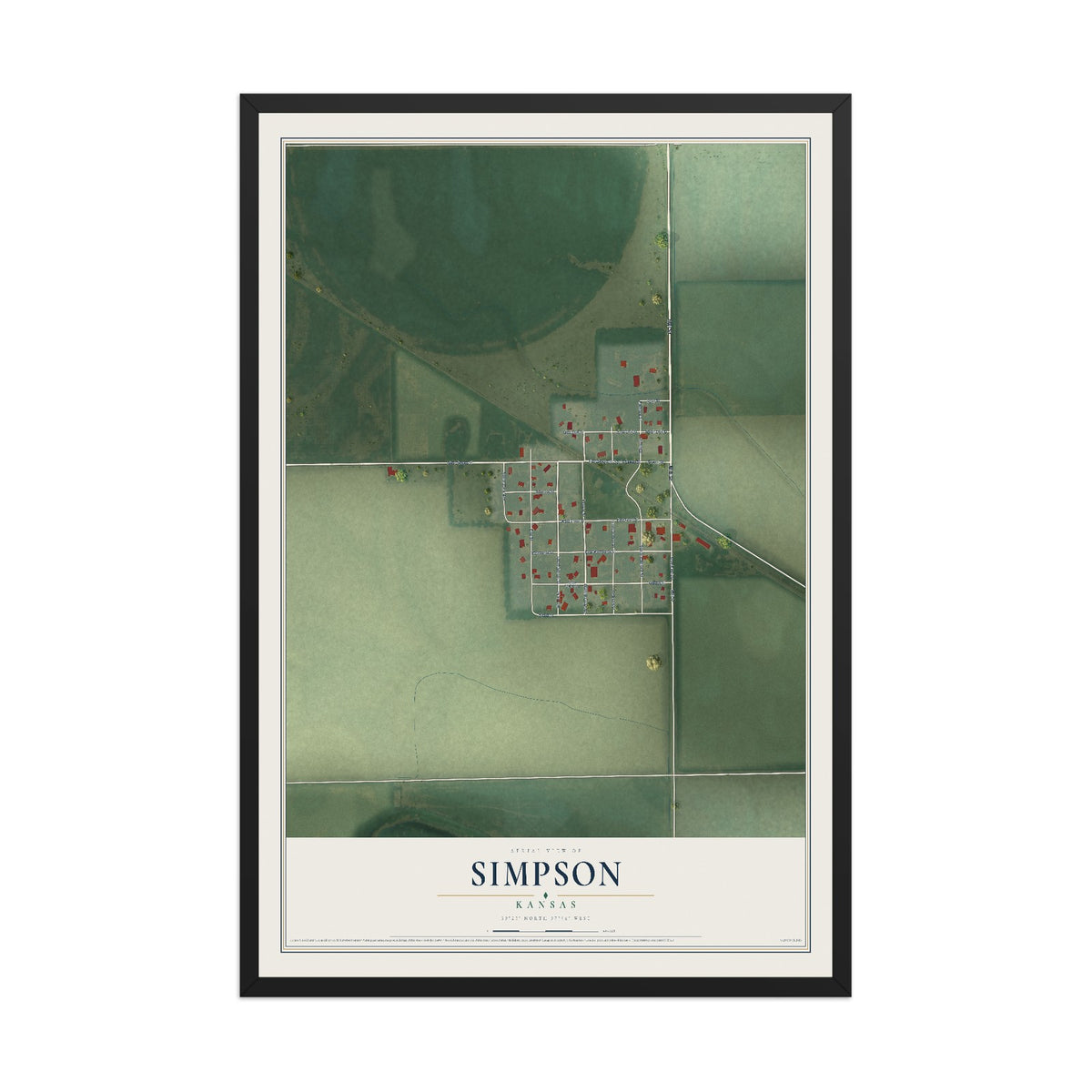 Map of Simpson, Kansas, 12 x 18 inch print in a black wood frame