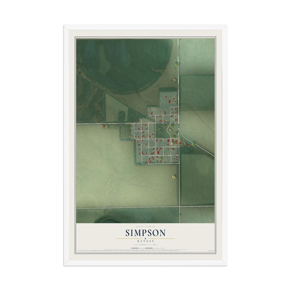 Map of Simpson, Kansas, 12 x 18 inch print in a white wood frame