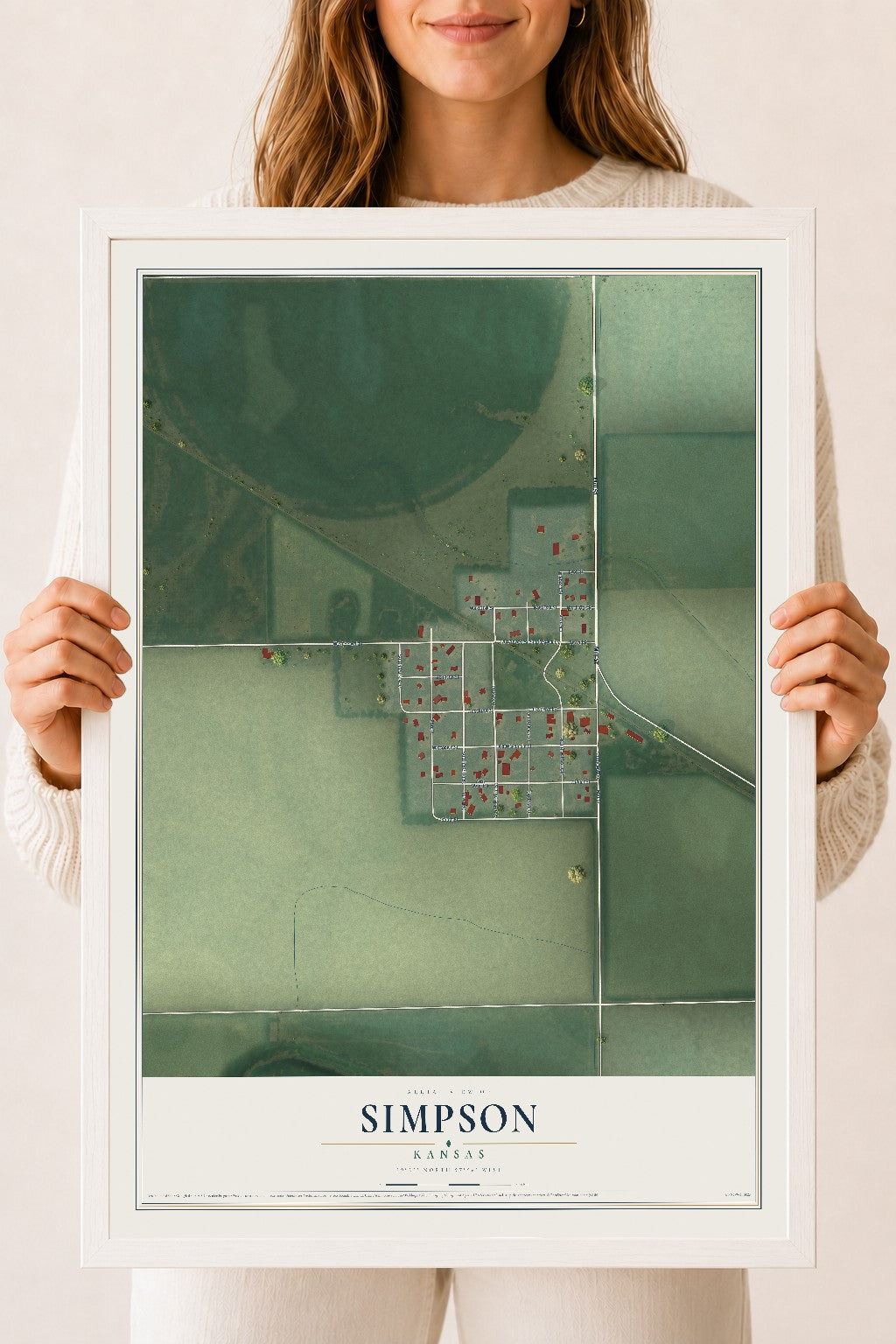 Map of Simpson, Kansas, 18 x 24 inch print in a white wood frame