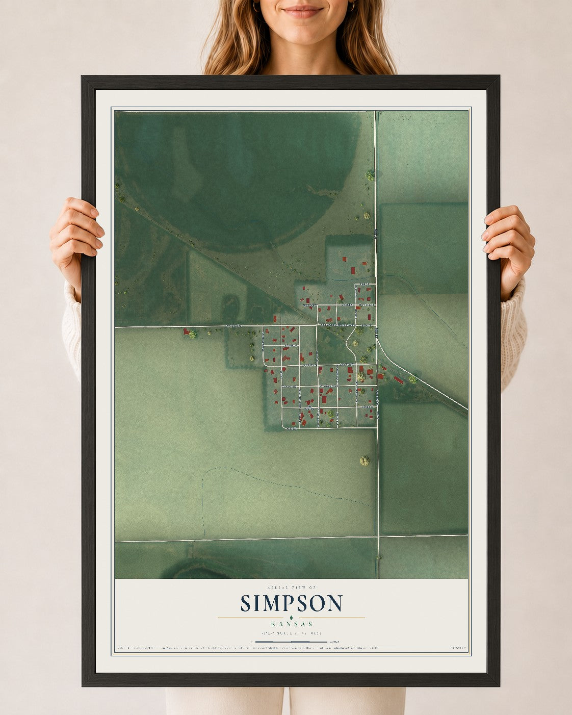 Map of Simpson, Kansas, 24 x 36 inch print in a black wood frame
