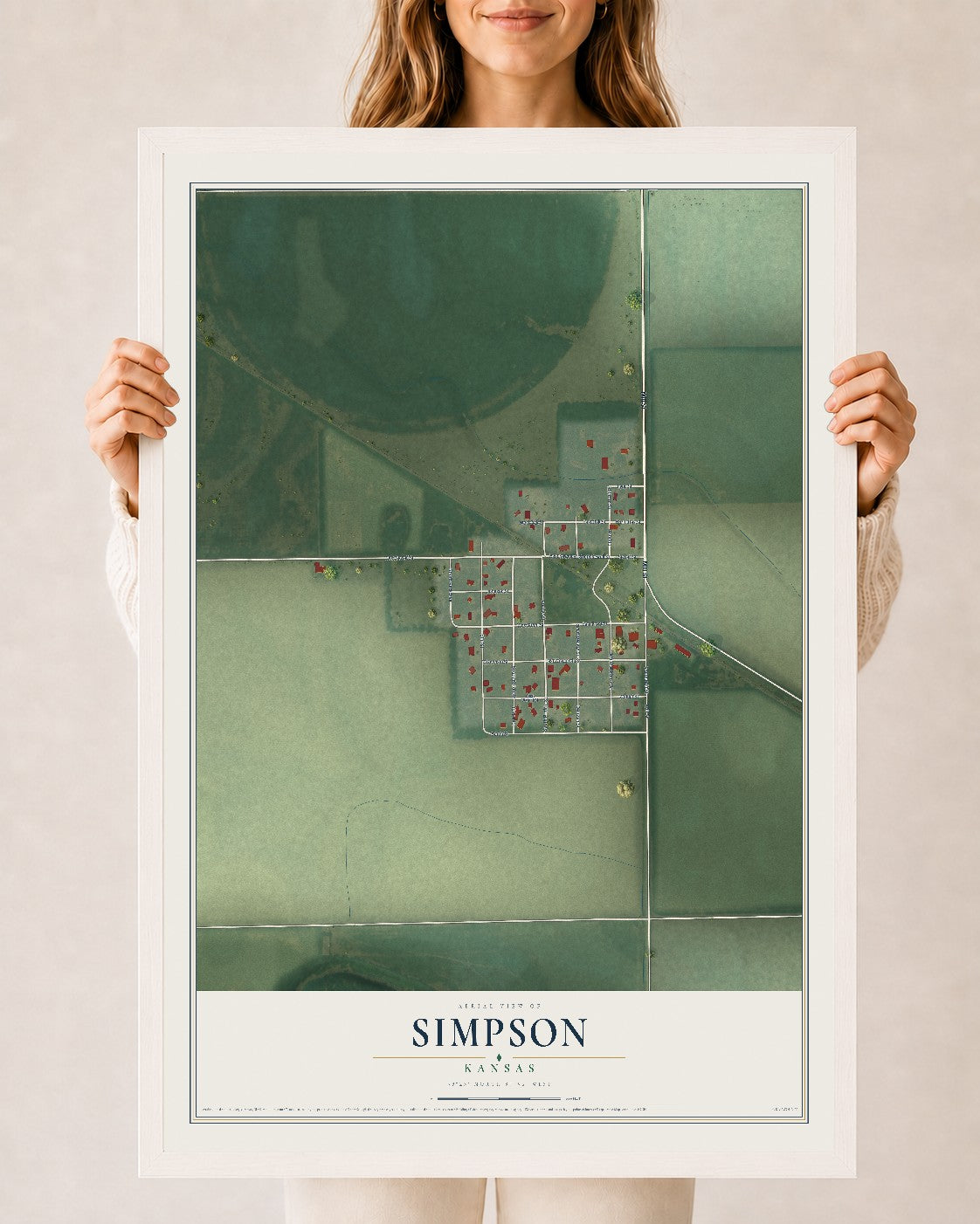 Map of Simpson, Kansas, 24 x 36 inch print in a white wood frame