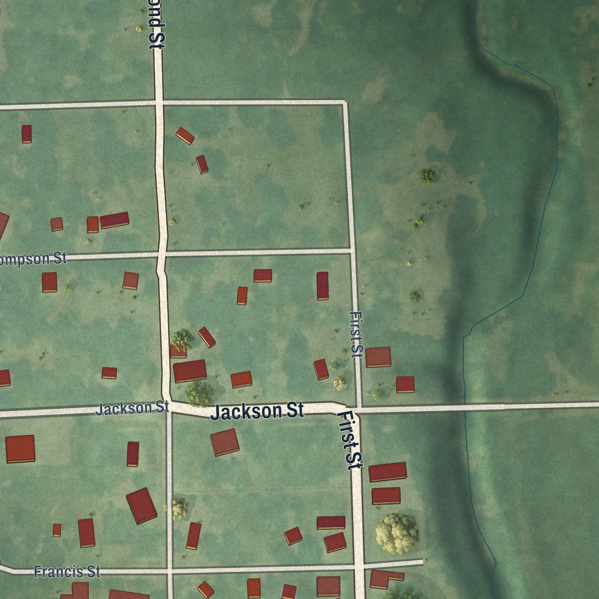 Close-up of the map of Soldier, Kansas print showing street and building detail