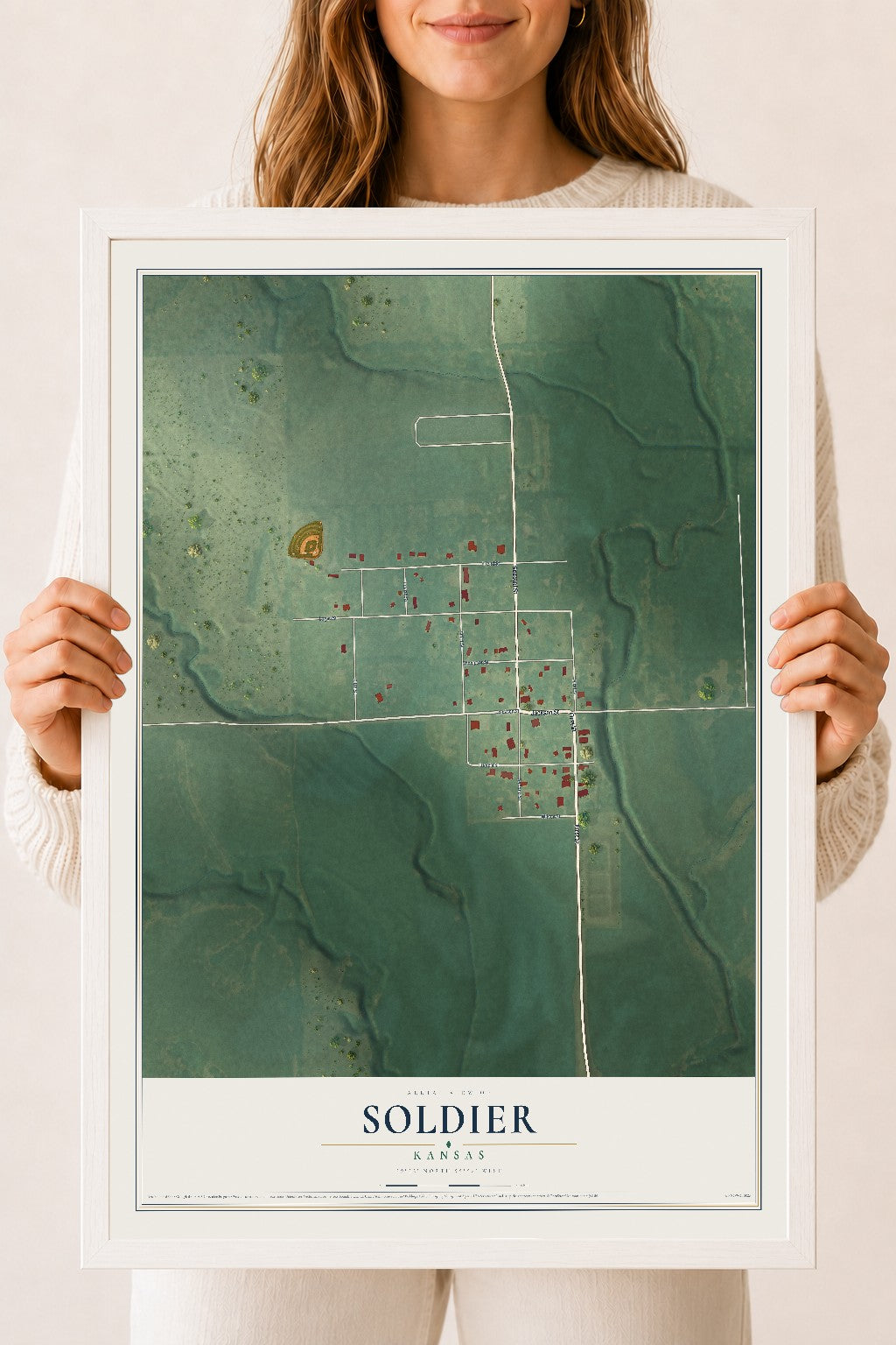 Map of Soldier, Kansas, 18 x 24 inch print in a white wood frame
