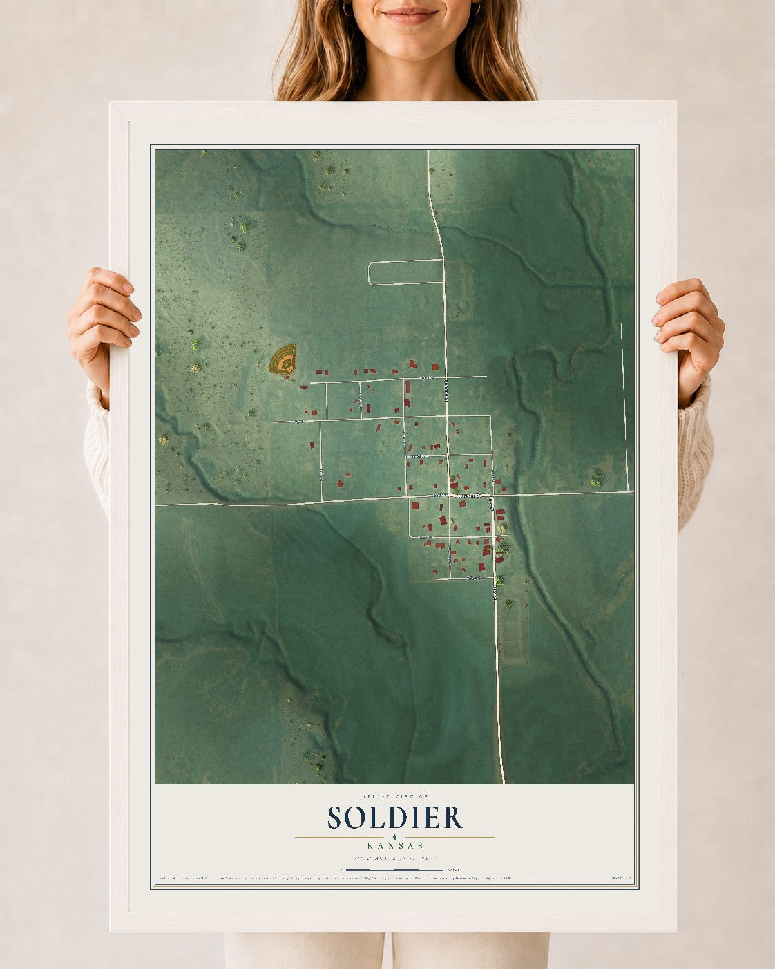 Map of Soldier, Kansas, 24 x 36 inch print in a white wood frame