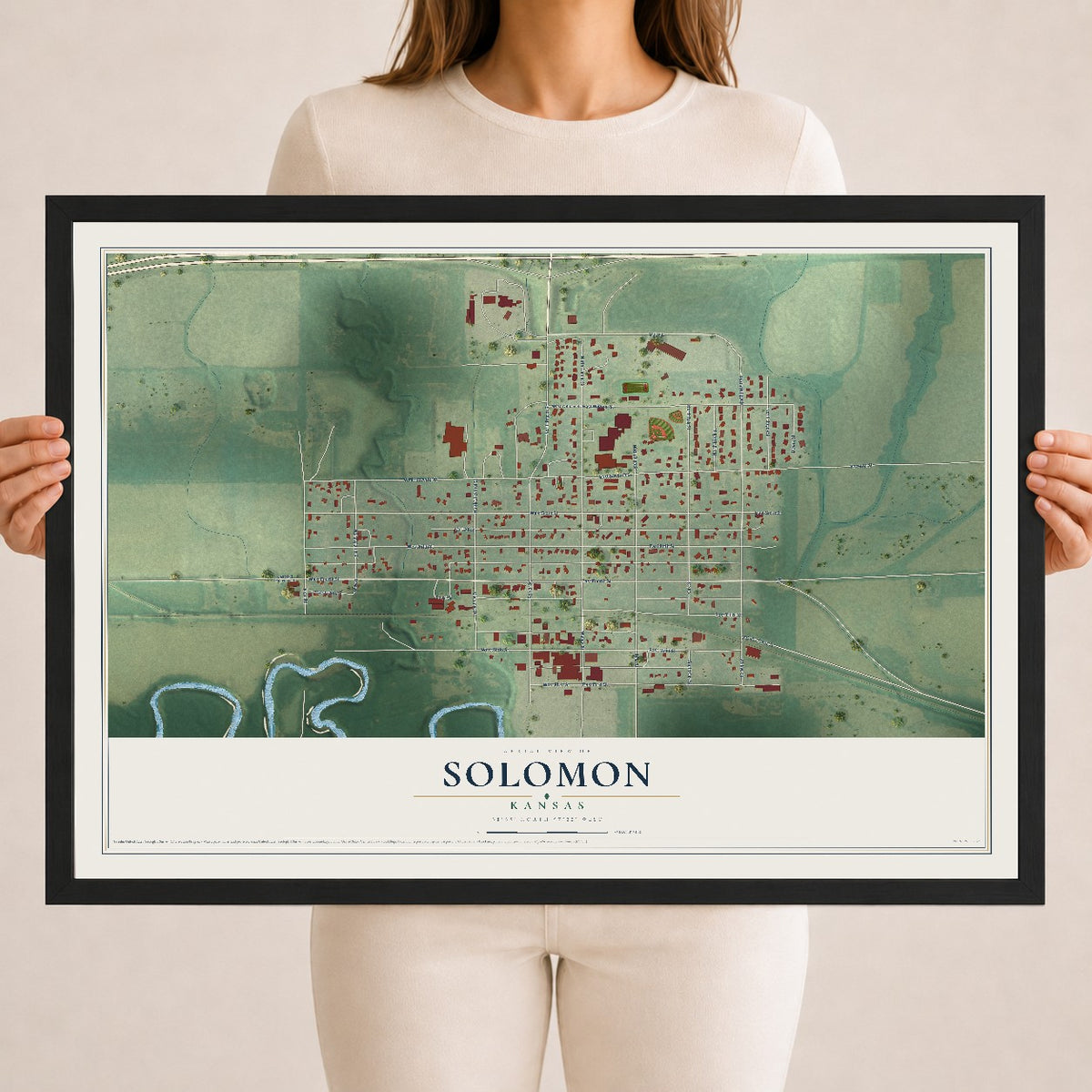 Map of Solomon, Kansas, 18 x 24 inch print in a black wood frame