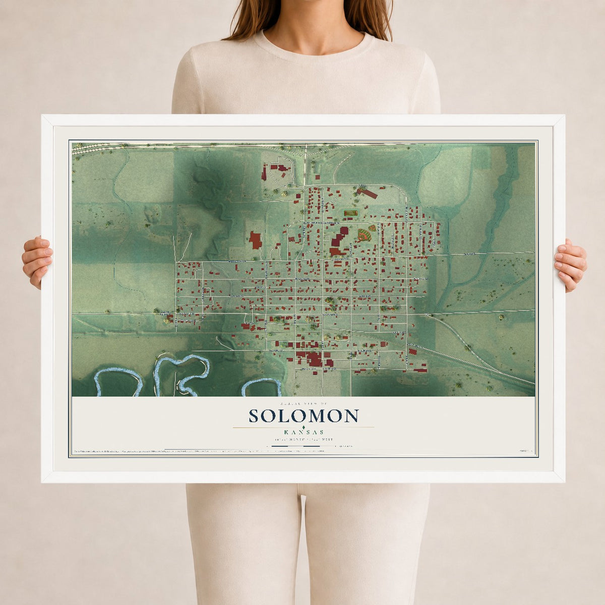 Map of Solomon, Kansas, 24 x 36 inch print in a white wood frame