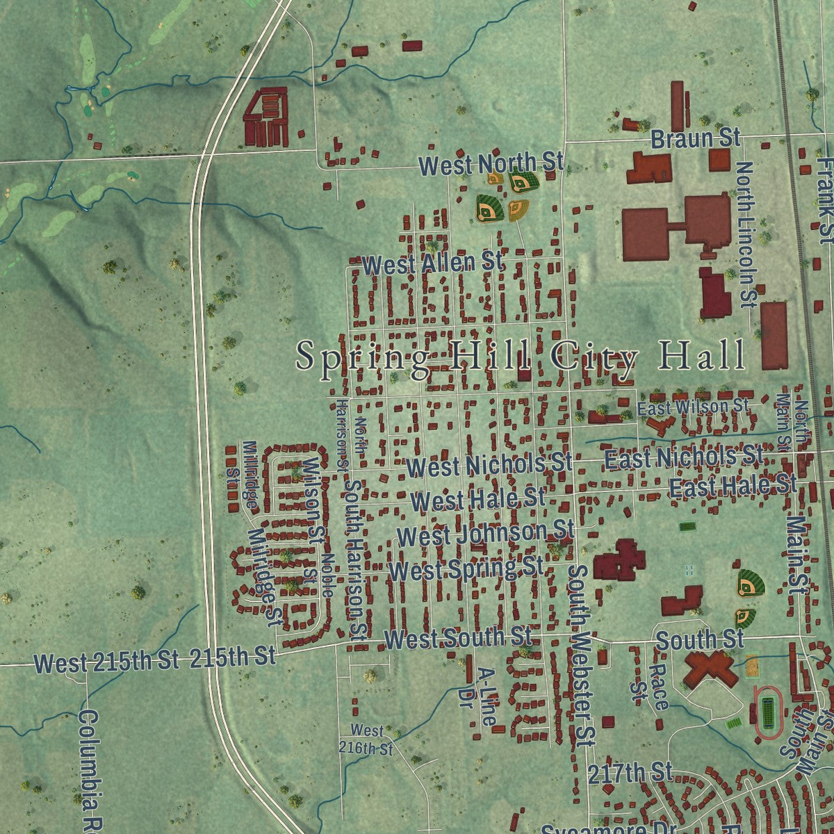 Close-up of the map of Spring Hill, Kansas print showing street and building detail