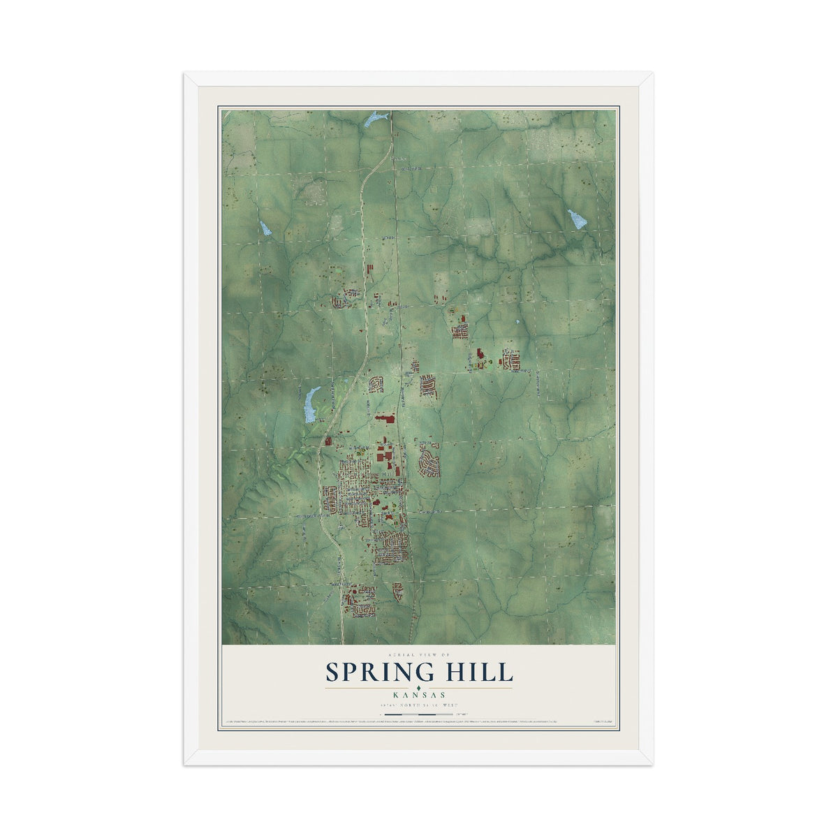 Map of Spring Hill, Kansas, 12 x 18 inch print in a white wood frame