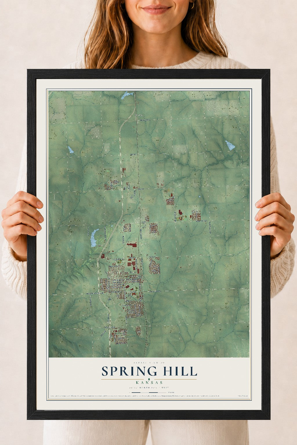 Map of Spring Hill, Kansas, 18 x 24 inch print in a black wood frame