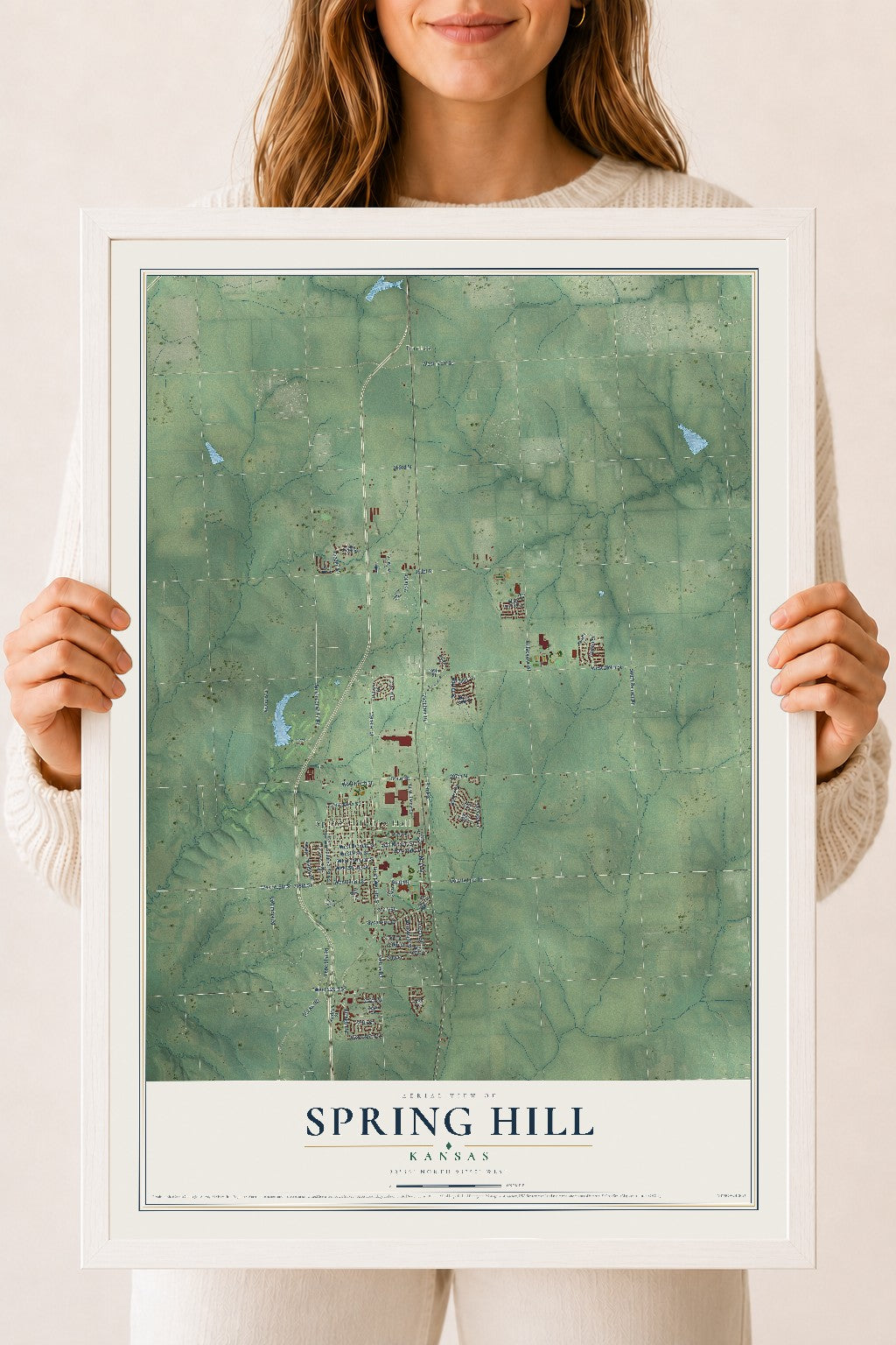 Map of Spring Hill, Kansas, 18 x 24 inch print in a white wood frame