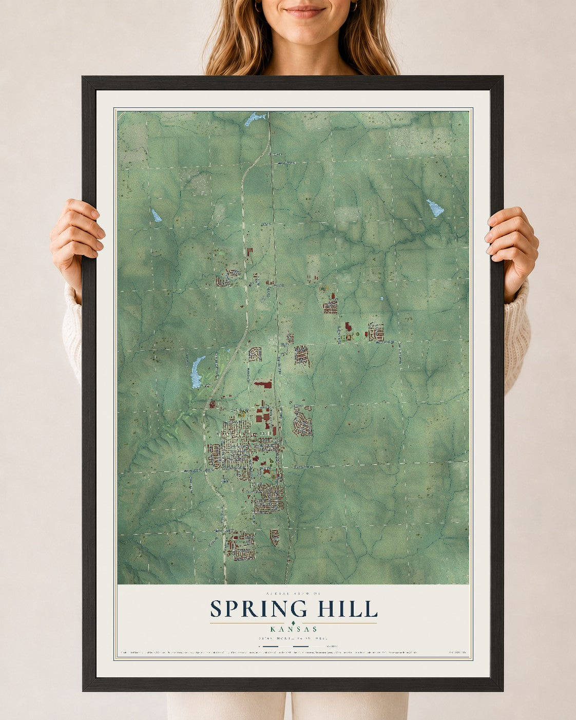 Map of Spring Hill, Kansas, 24 x 36 inch print in a black wood frame