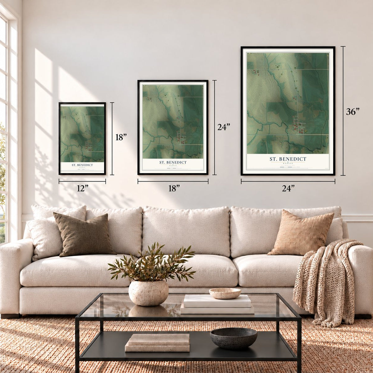 St. Benedict, Kansas map in 12 x 18, 18 x 24 and 24 x 36 inch sizes above a sofa