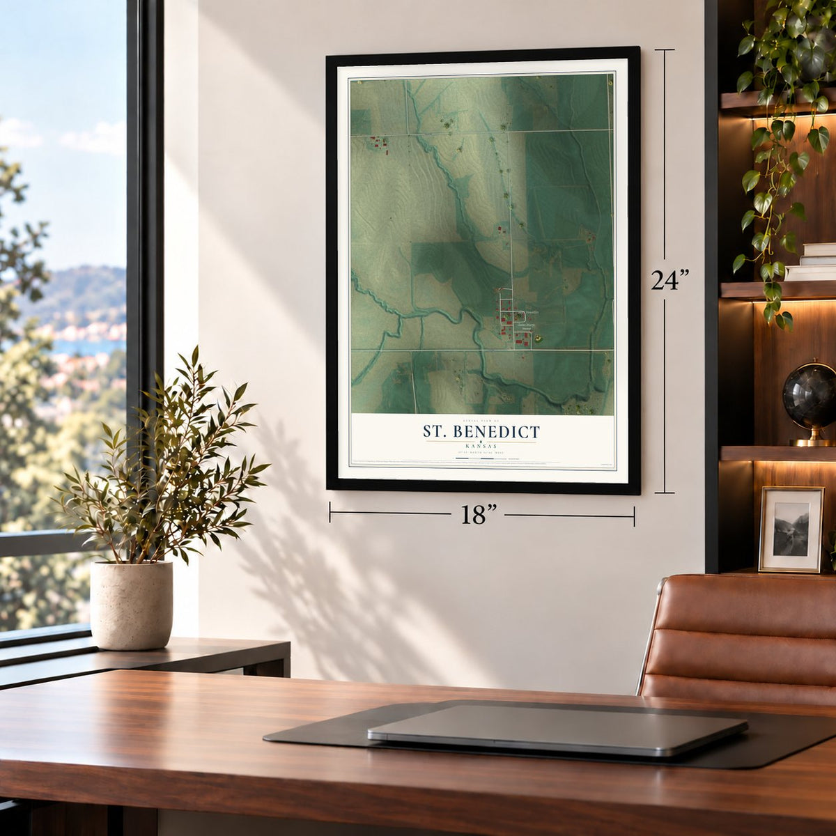 St. Benedict, Kansas map, 18 x 24 inch print in a black frame in a home office