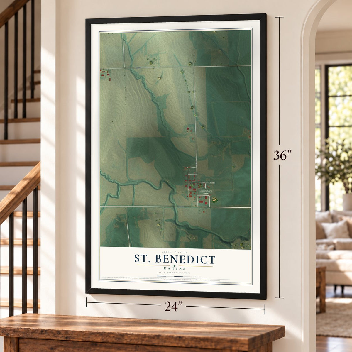St. Benedict, Kansas map, 24 x 36 inch print in a black frame by a staircase
