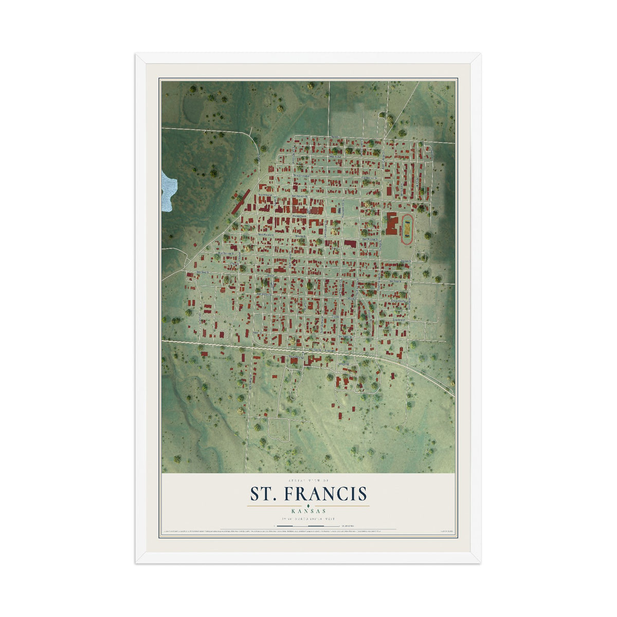 Map of St. Francis, Kansas, 12 x 18 inch print in a white wood frame