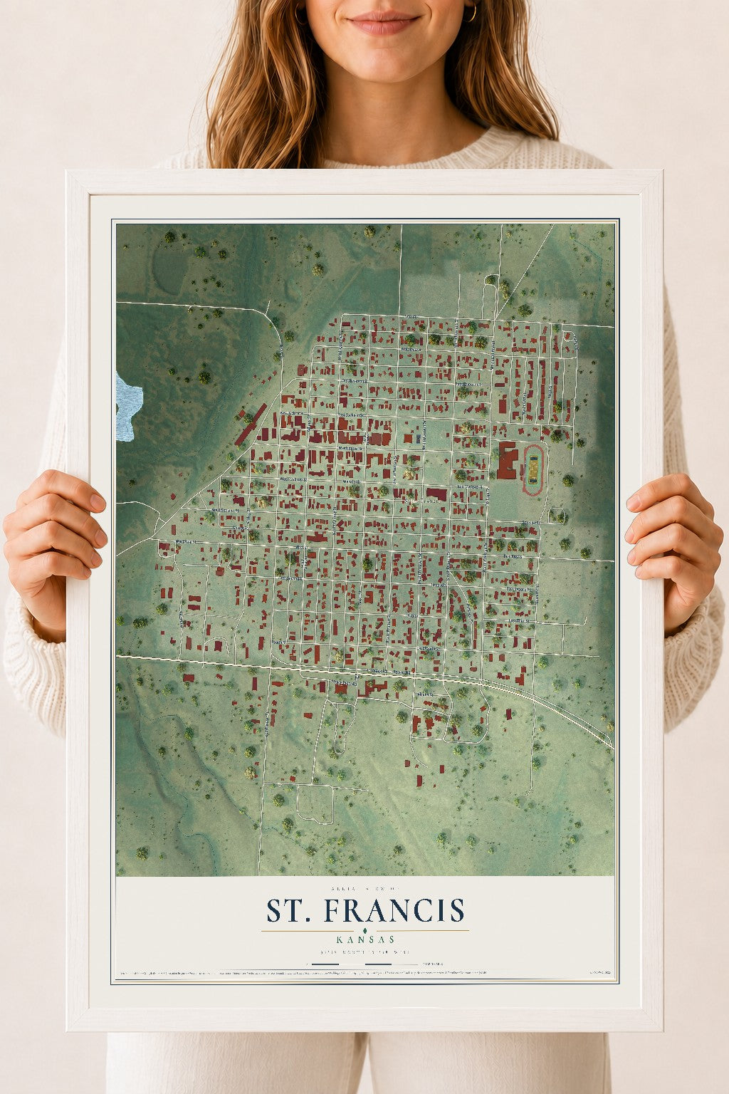 Map of St. Francis, Kansas, 18 x 24 inch print in a white wood frame