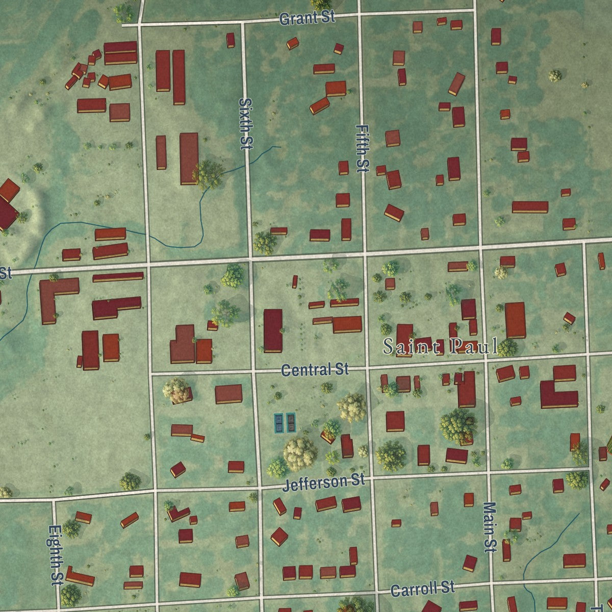Close-up of the map of St. Paul, Kansas print showing street and building detail
