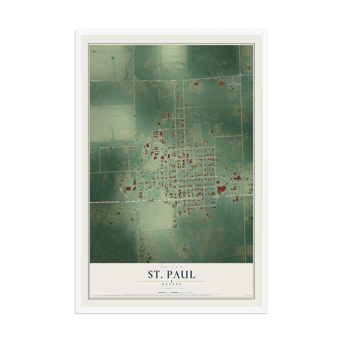 Map of St. Paul, Kansas, 12 x 18 inch print in a white wood frame