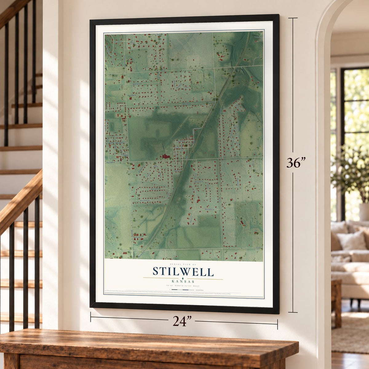 Stilwell, Kansas map, 24 x 36 inch print in a black frame by a staircase