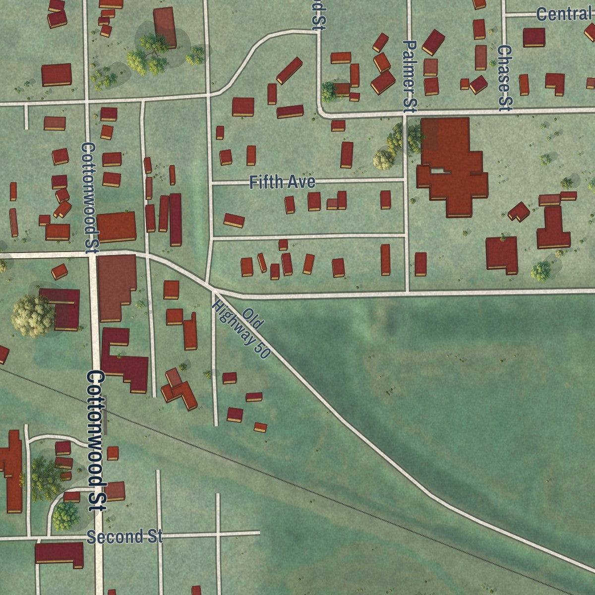Close-up of the map of Strong City, Kansas print showing street and building detail