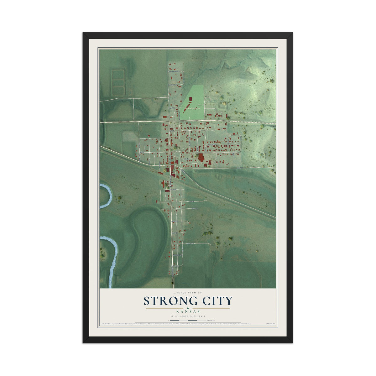 Map of Strong City, Kansas, 12 x 18 inch print in a black wood frame
