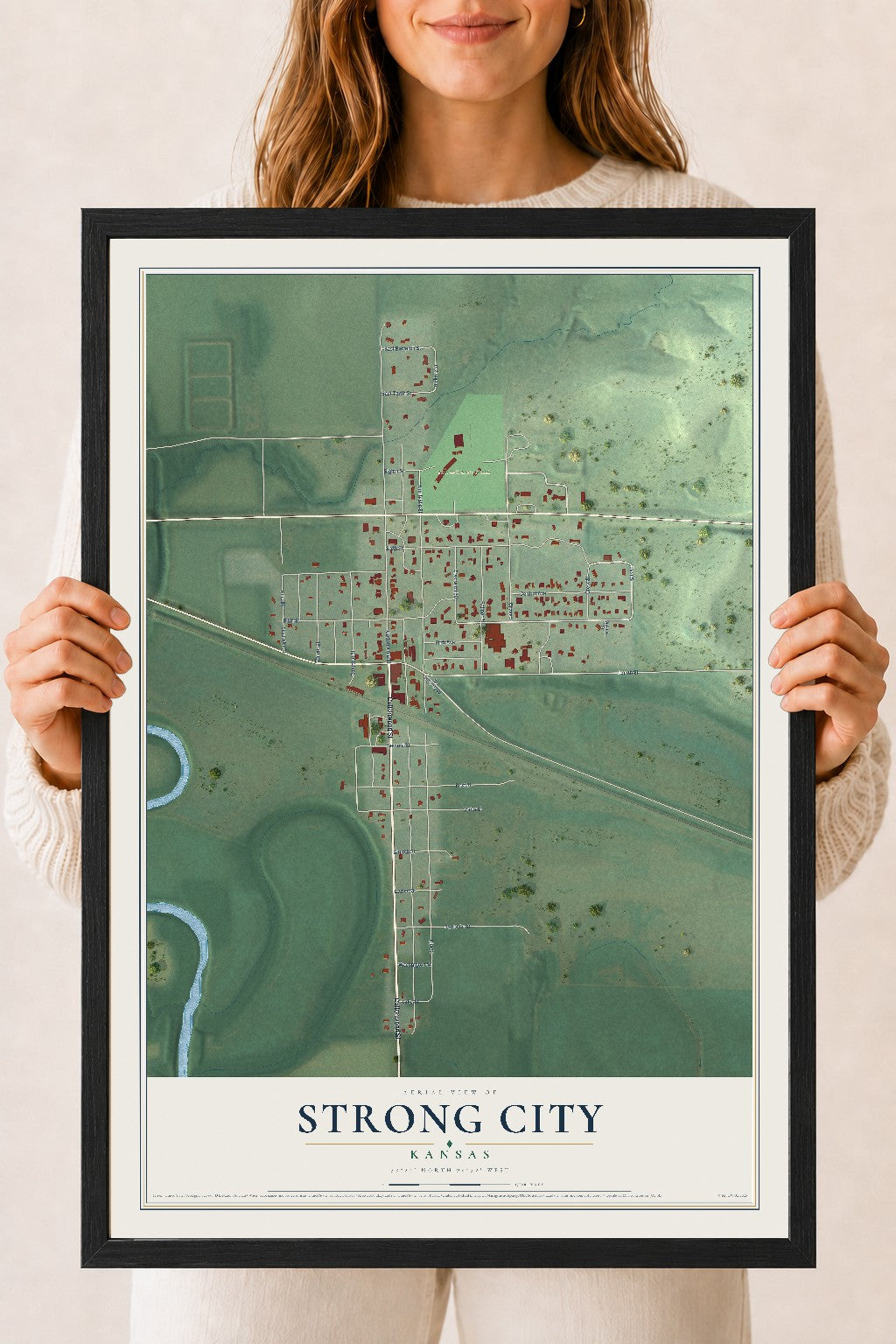 Map of Strong City, Kansas, 18 x 24 inch print in a black wood frame