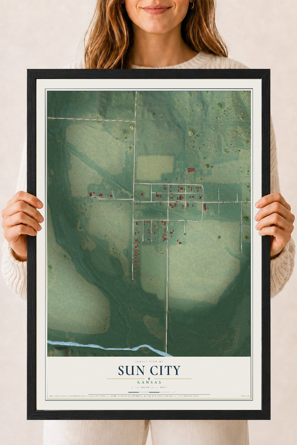 Map of Sun City, Kansas, 18 x 24 inch print in a black wood frame