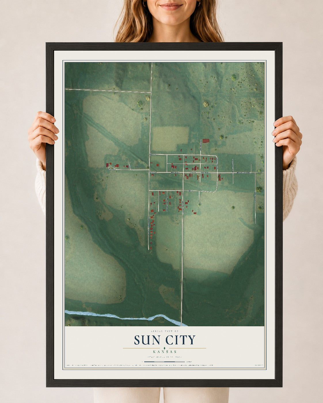 Map of Sun City, Kansas, 24 x 36 inch print in a black wood frame