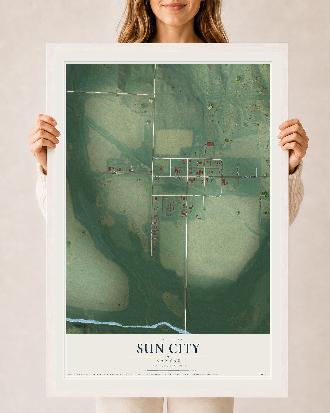 Map of Sun City, Kansas, 24 x 36 inch print in a white wood frame