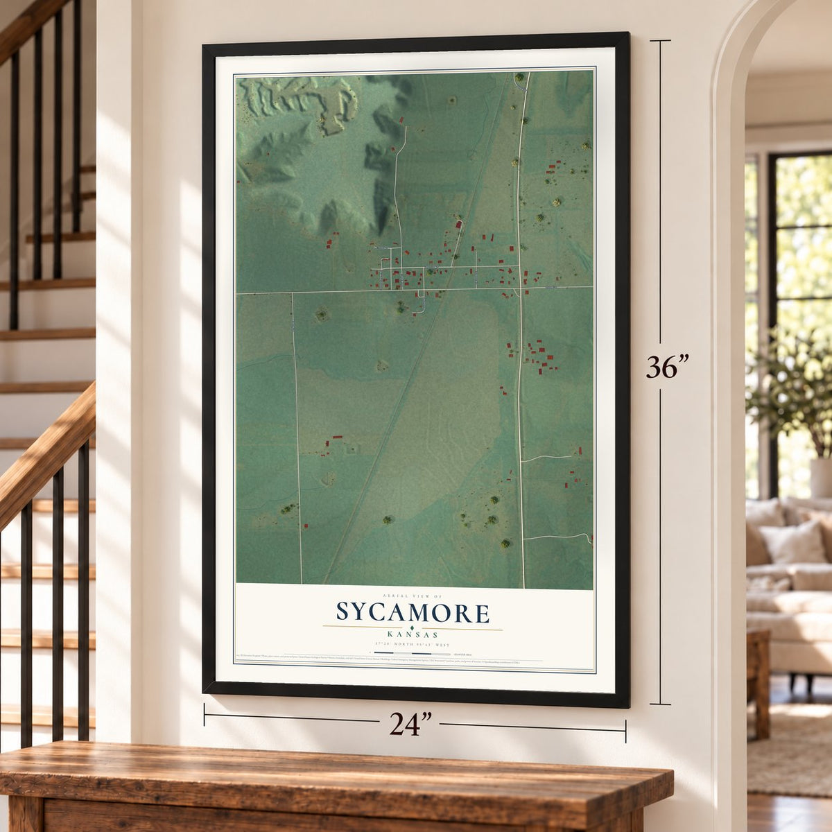 Sycamore, Kansas map, 24 x 36 inch print in a black frame by a staircase