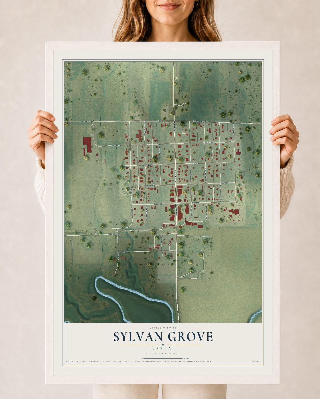 Map of Sylvan Grove, Kansas, 24 x 36 inch print in a white wood frame