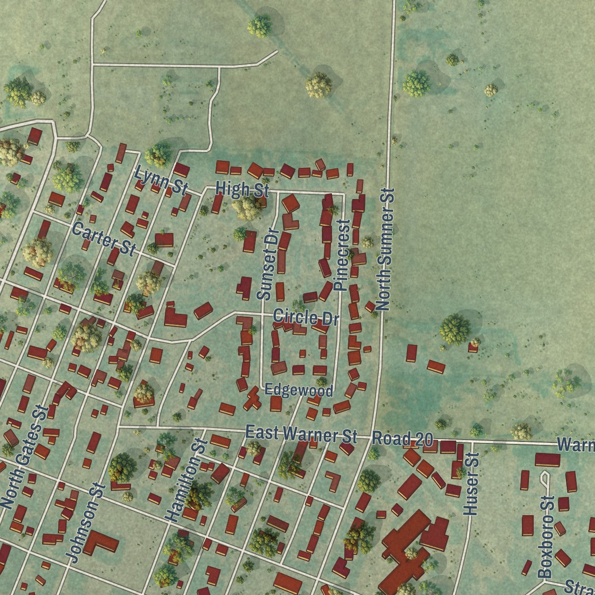 Second close-up of the map of Syracuse, Kansas print showing more streets and buildings