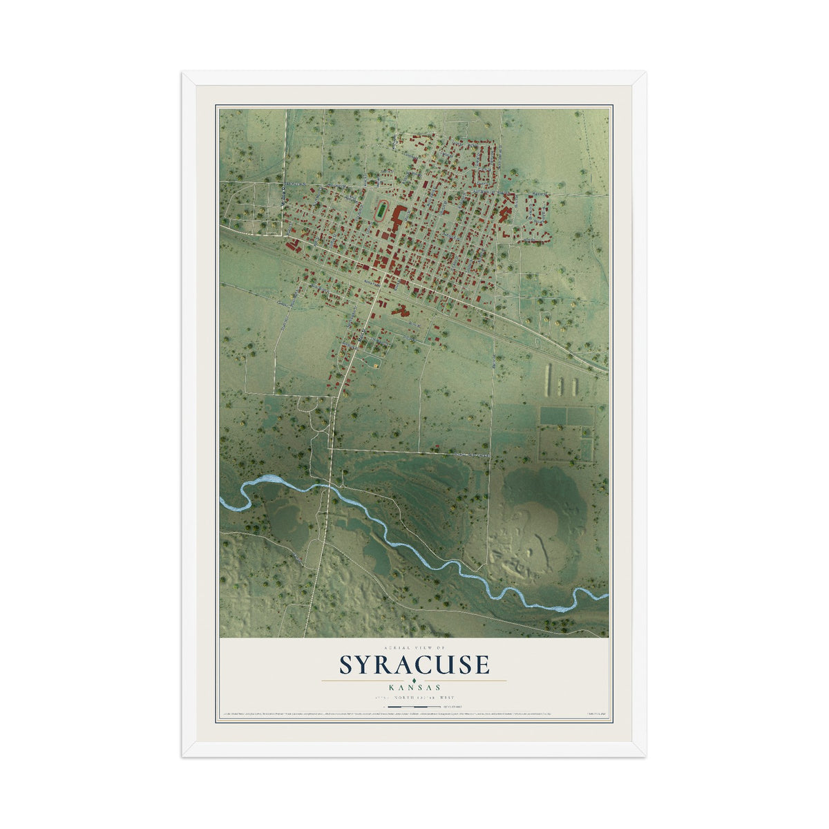 Map of Syracuse, Kansas, 12 x 18 inch print in a white wood frame
