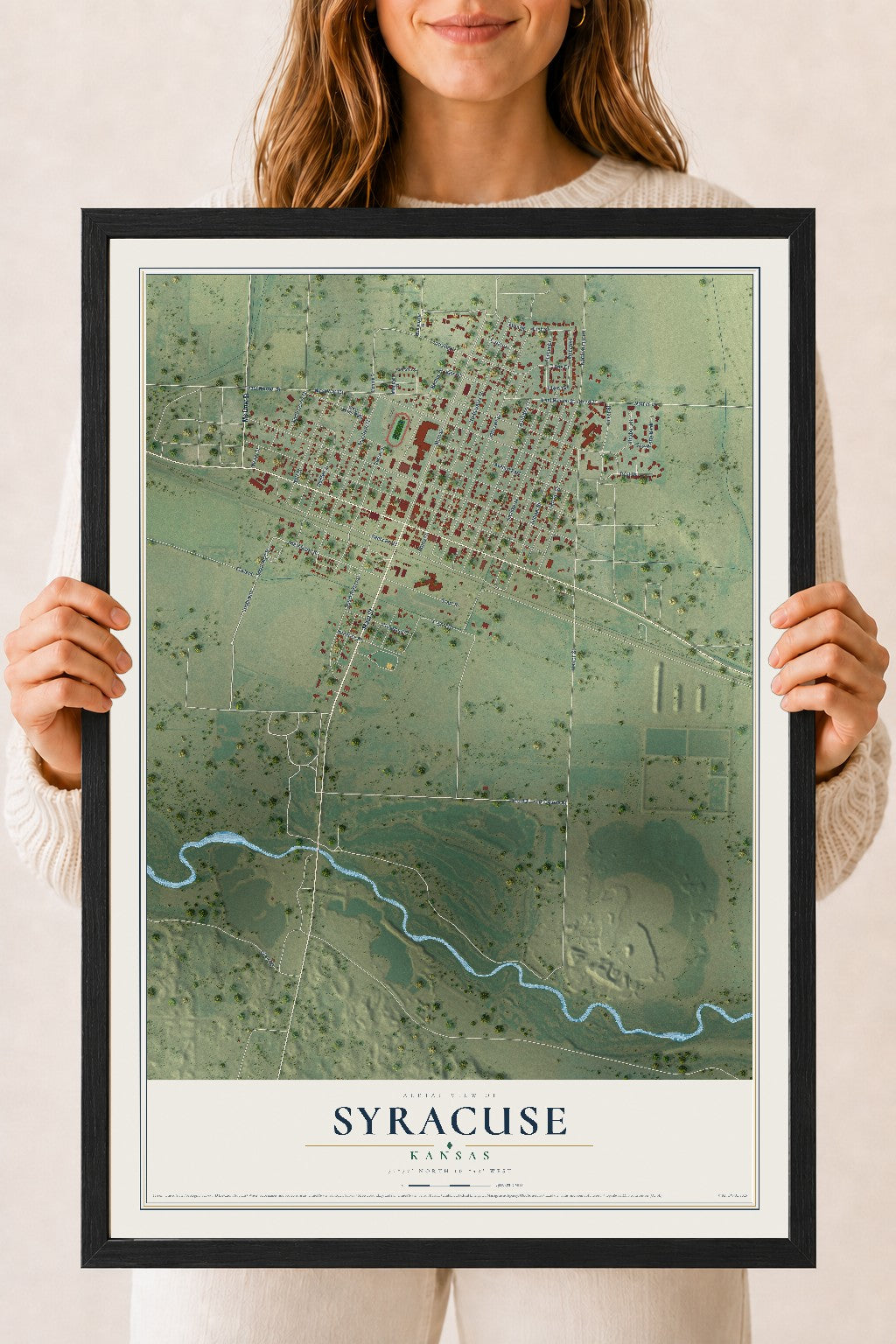 Map of Syracuse, Kansas, 18 x 24 inch print in a black wood frame