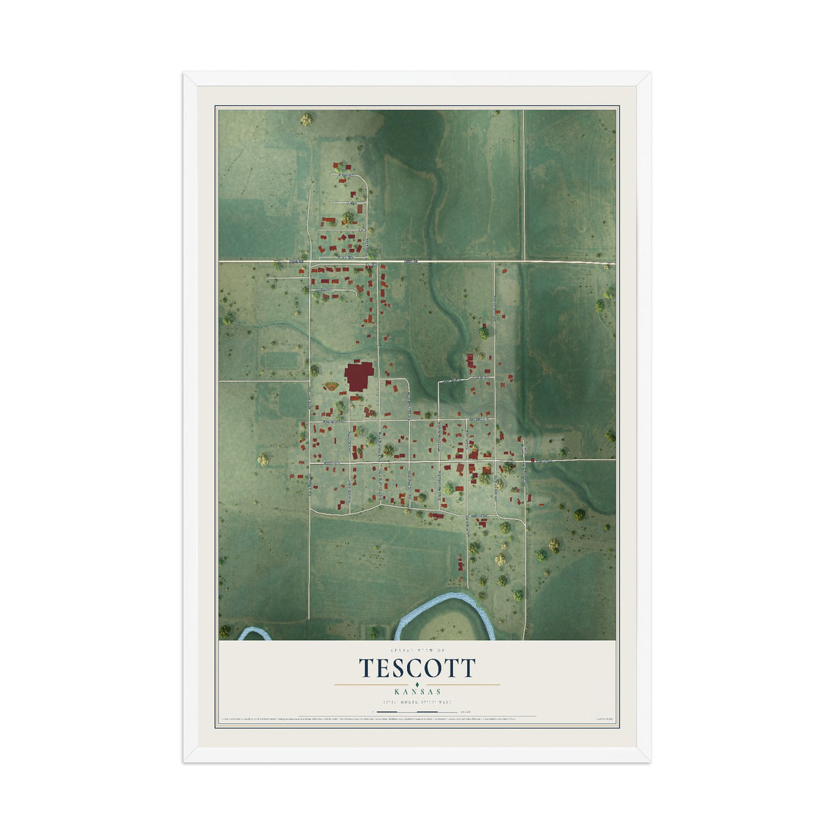 Map of Tescott, Kansas, 12 x 18 inch print in a white wood frame