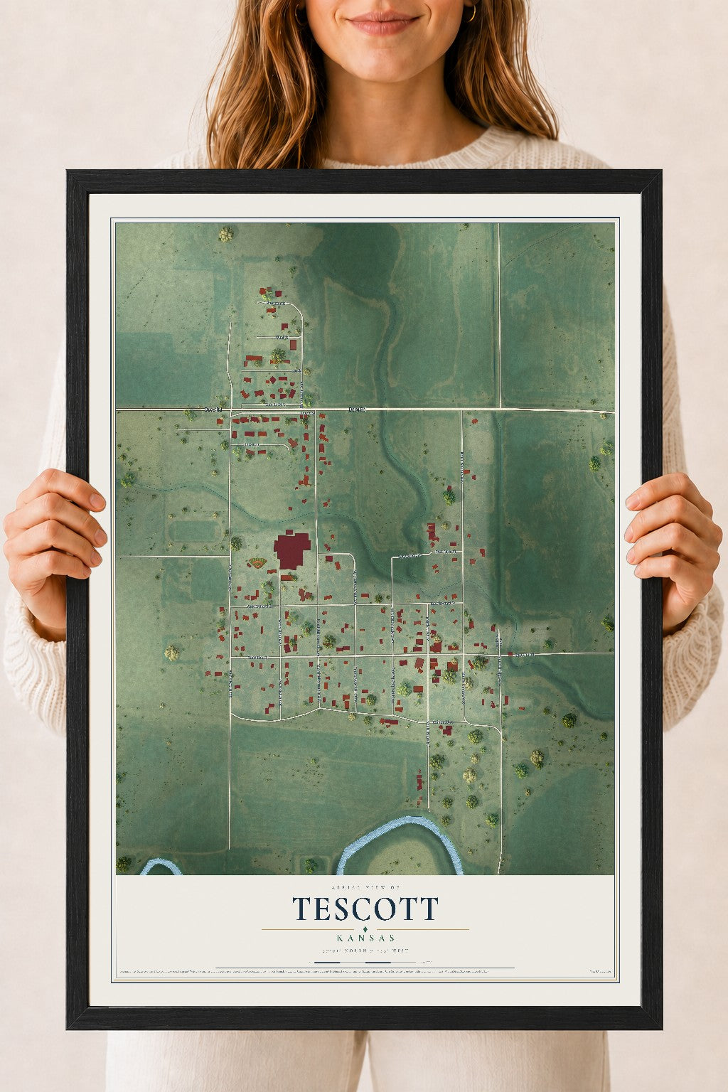 Map of Tescott, Kansas, 18 x 24 inch print in a black wood frame