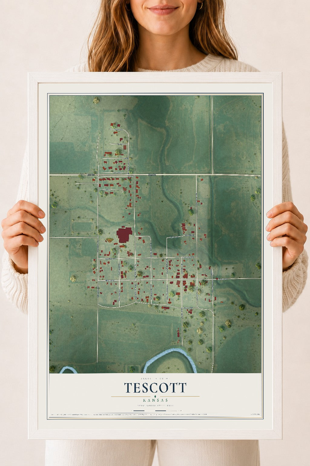 Map of Tescott, Kansas, 18 x 24 inch print in a white wood frame