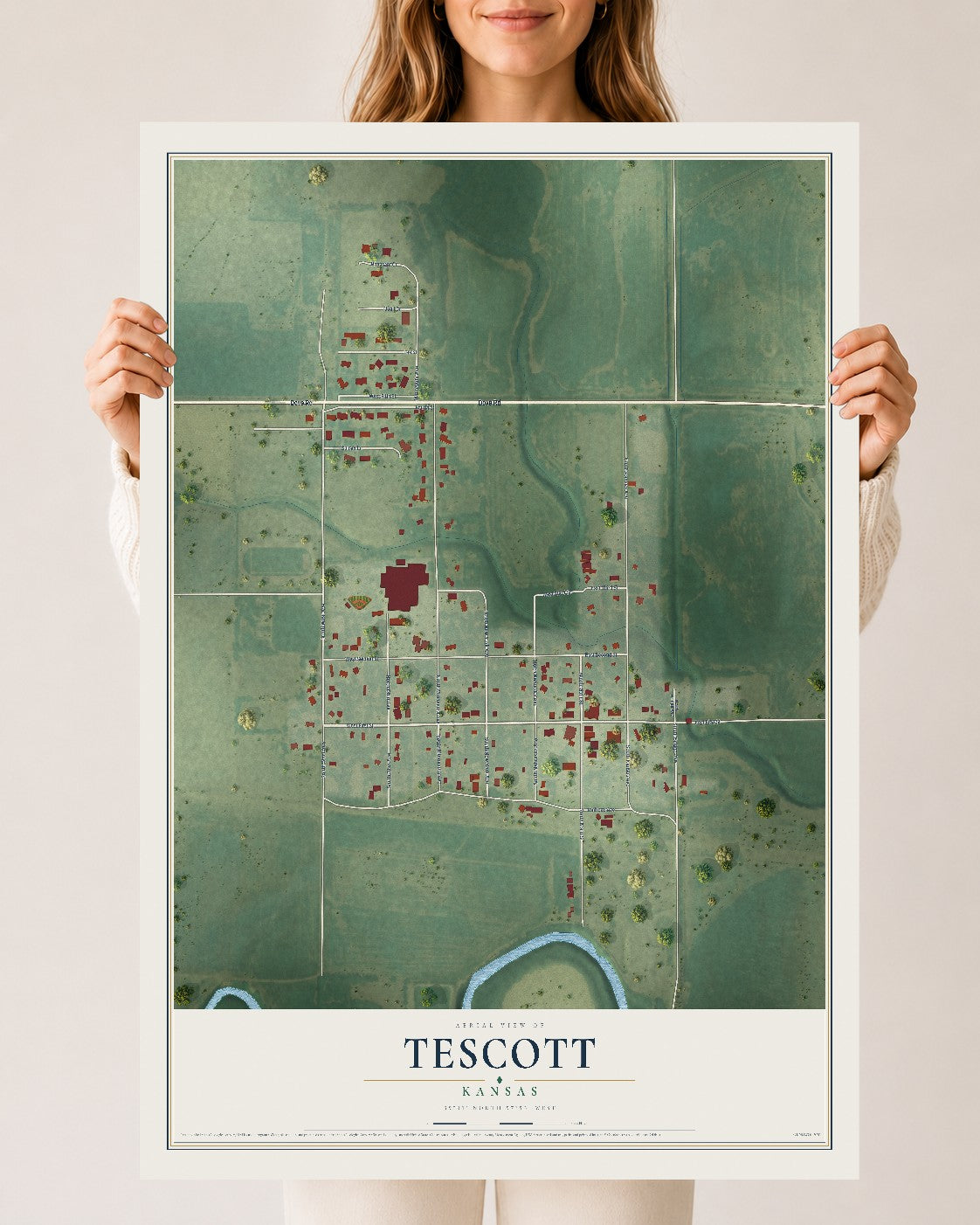 Map of Tescott, Kansas, 24 x 36 inch unframed archival matte print