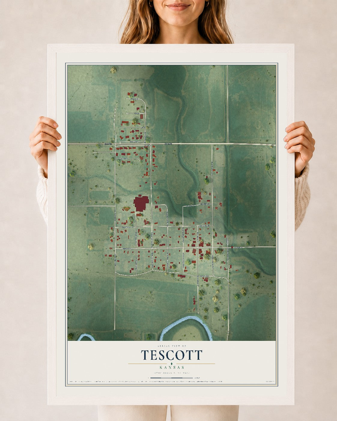 Map of Tescott, Kansas, 24 x 36 inch print in a white wood frame
