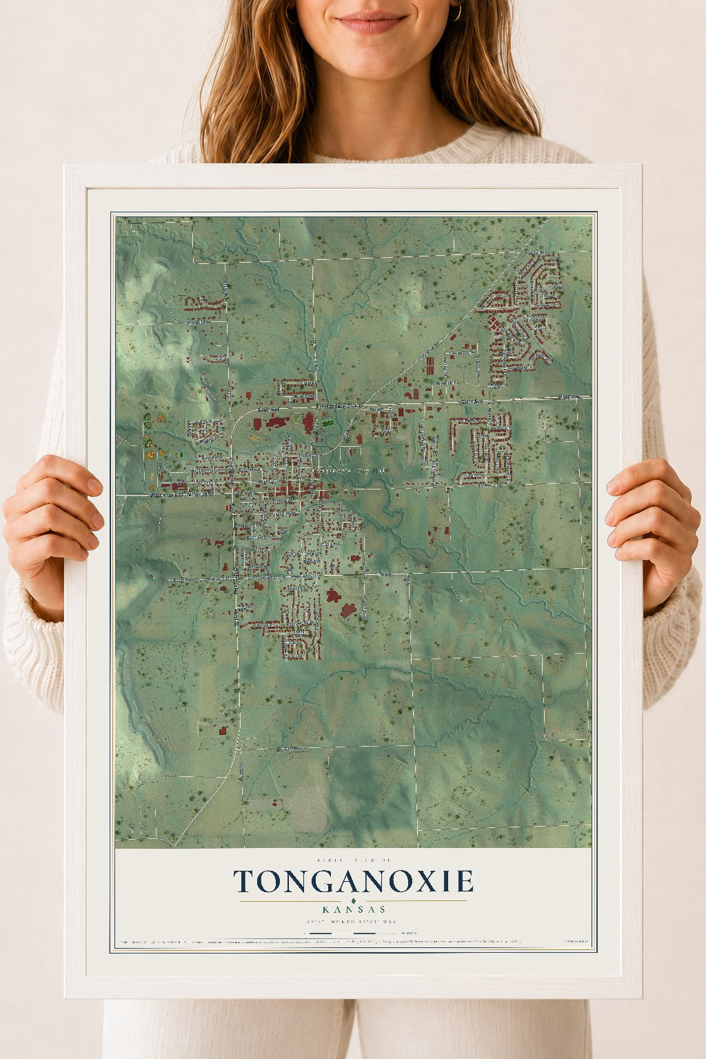 Map of Tonganoxie, Kansas, 18 x 24 inch print in a white wood frame
