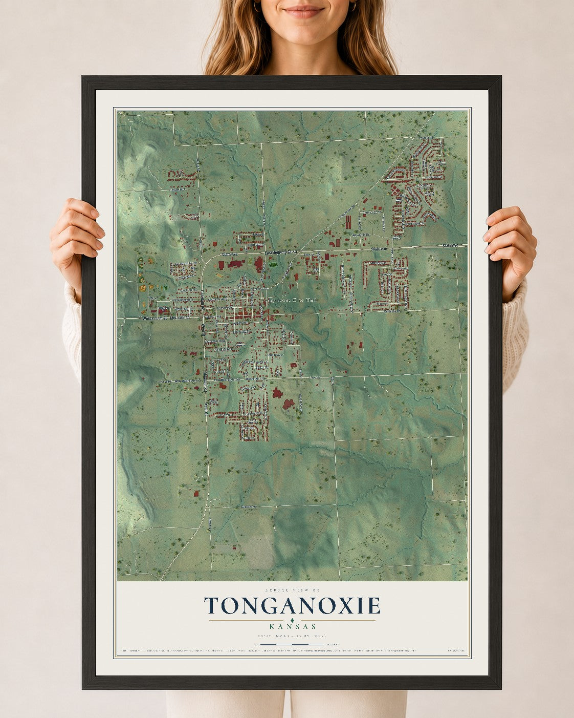 Map of Tonganoxie, Kansas, 24 x 36 inch print in a black wood frame