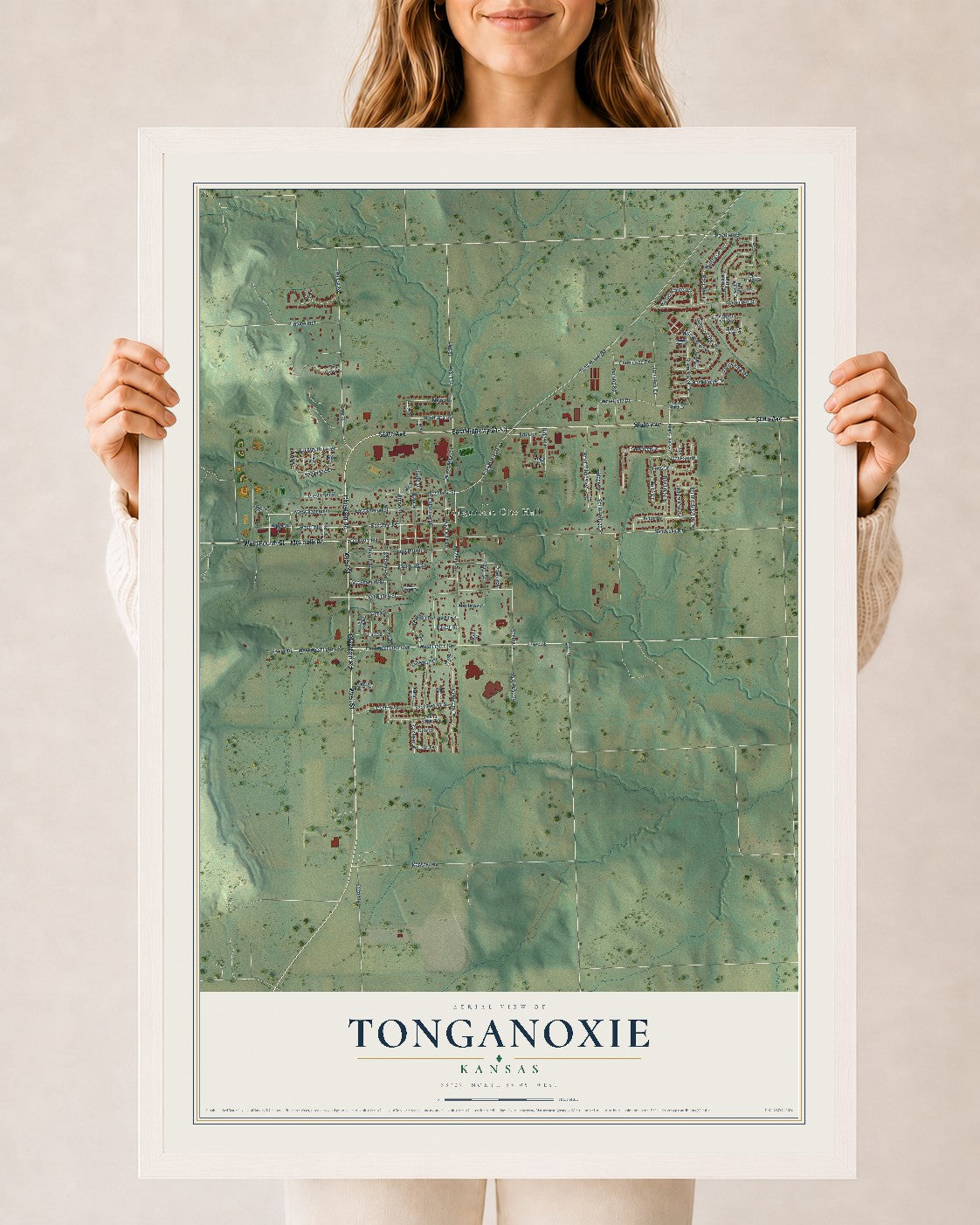 Map of Tonganoxie, Kansas, 24 x 36 inch print in a white wood frame